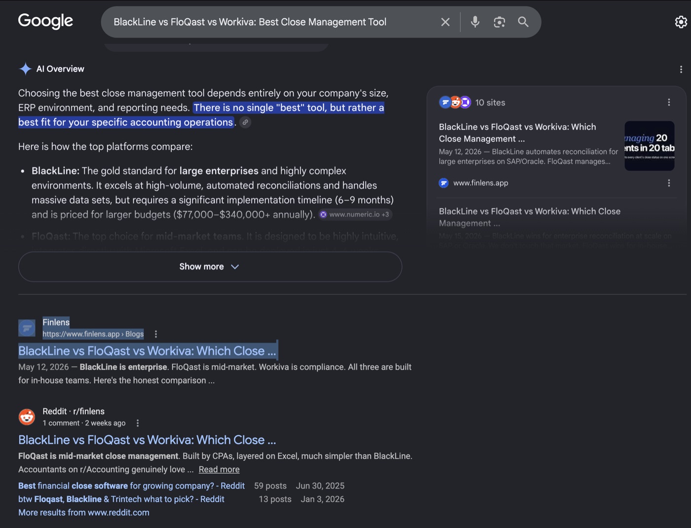 Google SERP for 'BlackLine vs FloQast vs Workiva' — client's AI Overview citation, blog, and an r/finlens Reddit post all on page one