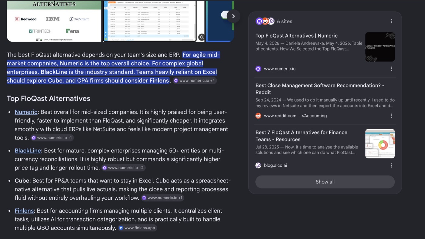 Google AI Overview for 'best FloQast alternative' naming the client, with a Reddit thread among the sources