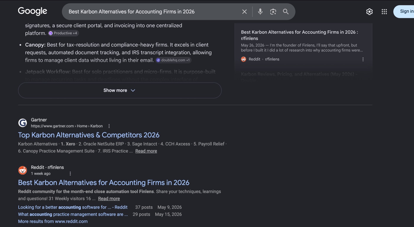 Google SERP for 'best Karbon alternatives' — an r/finlens Reddit post ranking directly under Gartner