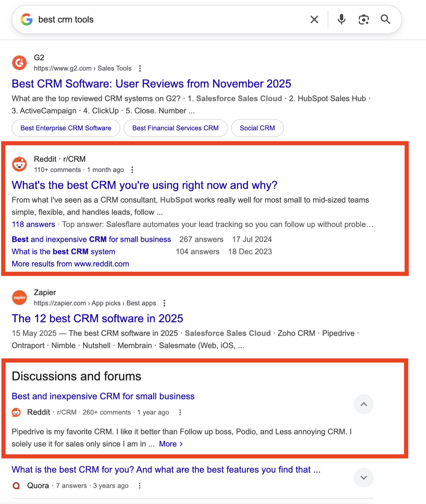 Google search results for 'best crm tools' showing a Reddit r/CRM thread ranking on page one alongside a Discussions and forums block